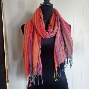 Multicolored Long Striped Scarf W/ Braided Fringe Soft Fabric One Size 64" Long